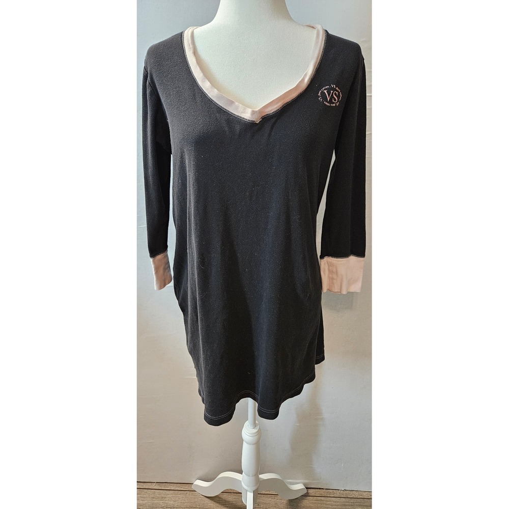 Victorias Secret Womens Black Pink Cotton V-Neck Sleep Shirt Nightgown Large